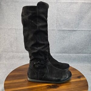 Black Suede Knee High Boots Women's Size 11M Slouchy Buckle Detail Flat Sole